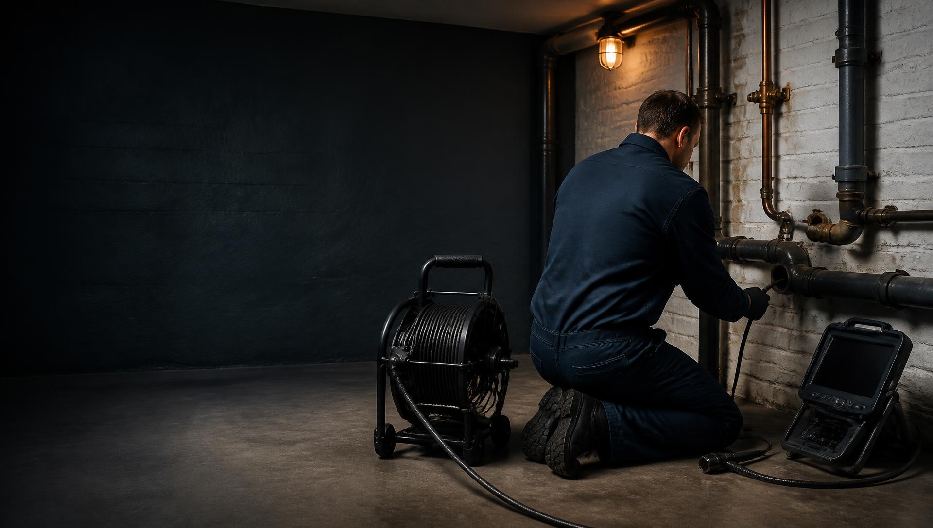 Rohr- und Kanaltechniker bei der Arbeit an einer Hausanschlussleitung im Keller